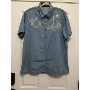 PASSION Denim Shirt Womens 2XL‎ Embroidered L Floral Pink Grandma Cottage Core